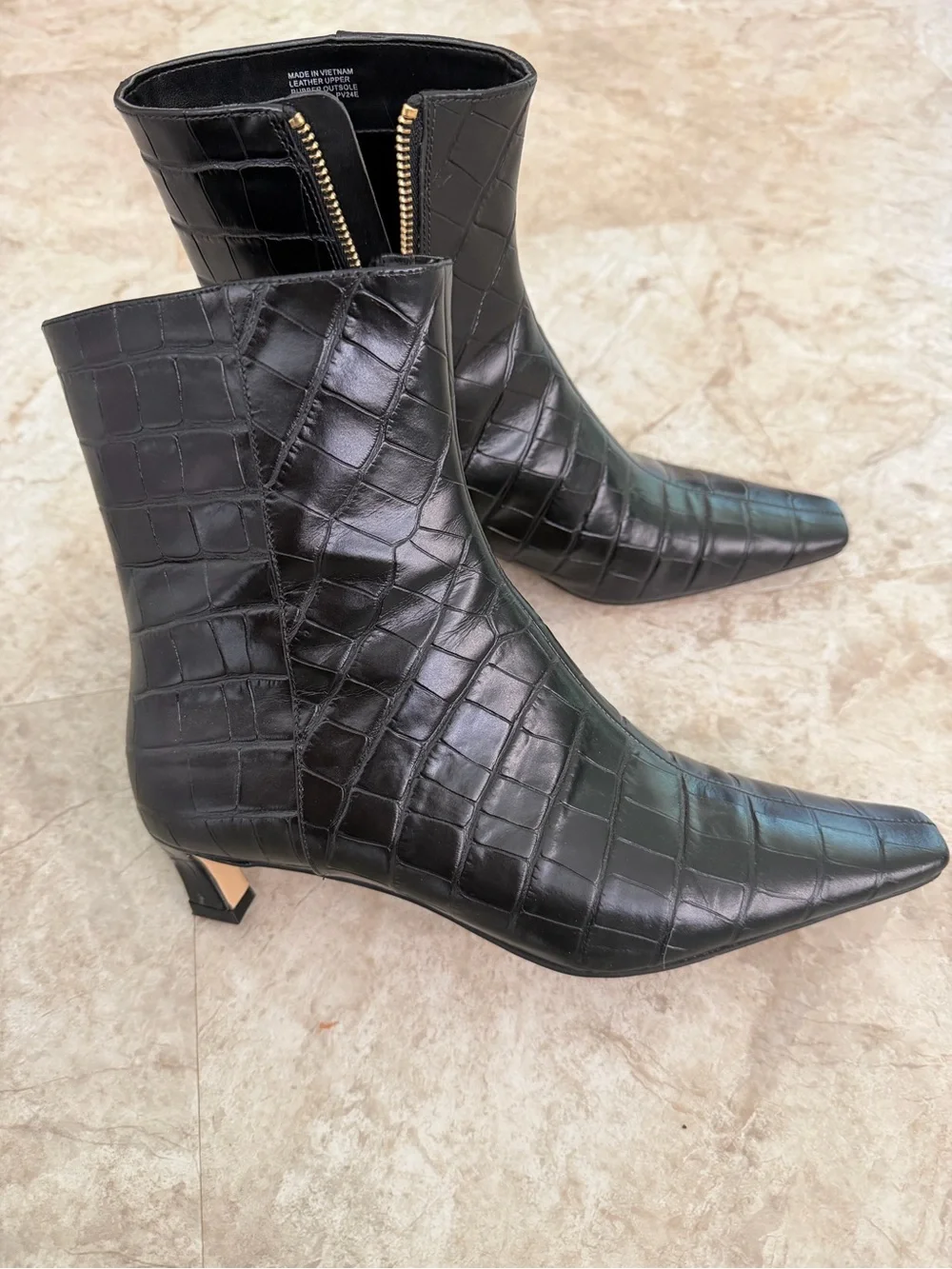 Michael Kors Croc-Embossed Black Leather Ankle Boots with Kitten Heel